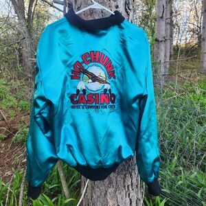 Vintage Ho Chunk Casino Reversible Satin Bomber Jacket Teal Black Embroidered